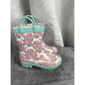 T&W Girls Unicorn Rain Boots Purple Pink Rubber Pull On Round Toe 6 NEW